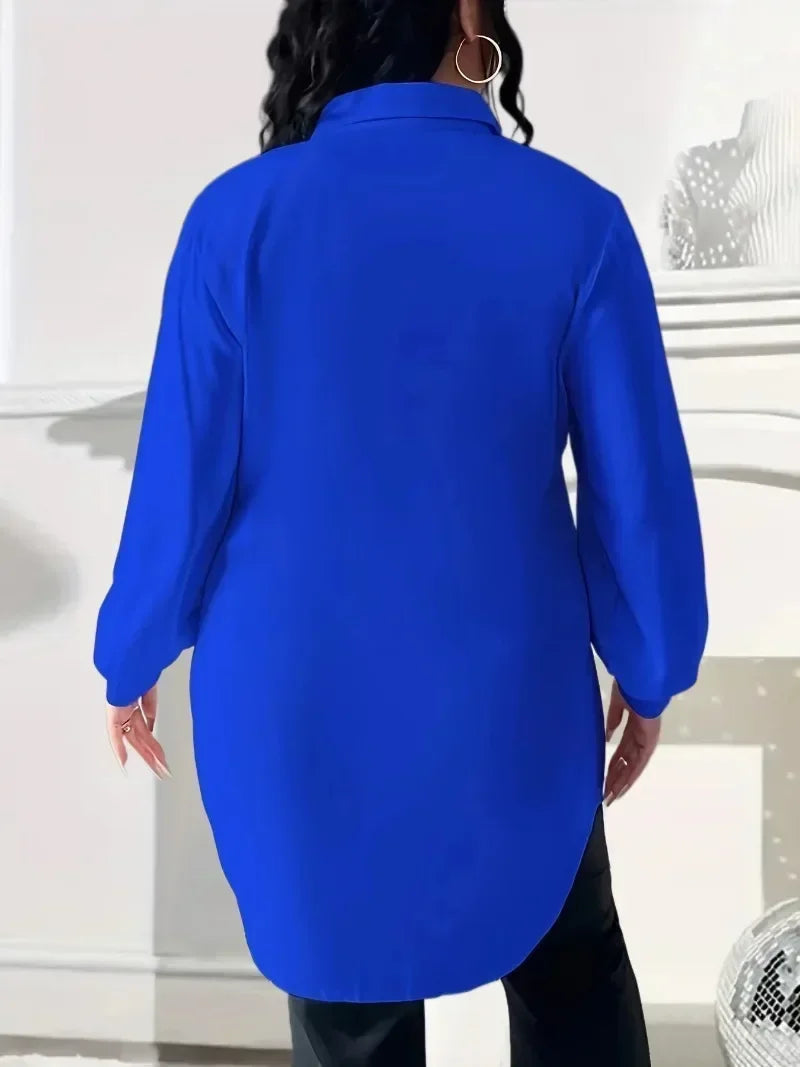 Spring Summer Plus Size 1XL-5XL Women Fashion Slimming Button Top Women Long Sleeved Solid Color Casual Top Lapel Shirt