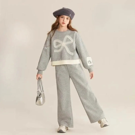 Top & Pants 2-Piece Set Sweatshirt Bow Korean Children's Clothing 2025 Autumn Winter Suits Clothes for Girls From 7 To 8 Years