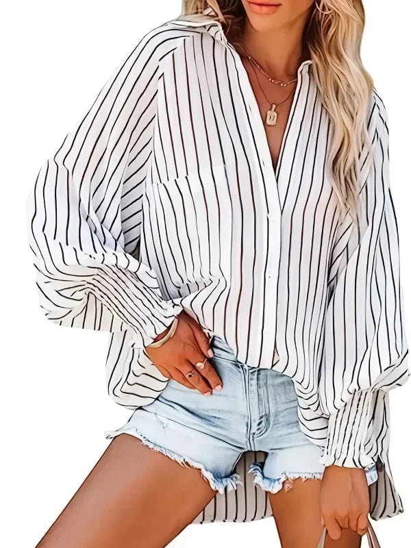 Women's Plus Size 1XL-5XL Casual Striped Breathable Long Sleeve Blouse Shirt Ladies Fashion V-neck Button-down Loose Shirt Top