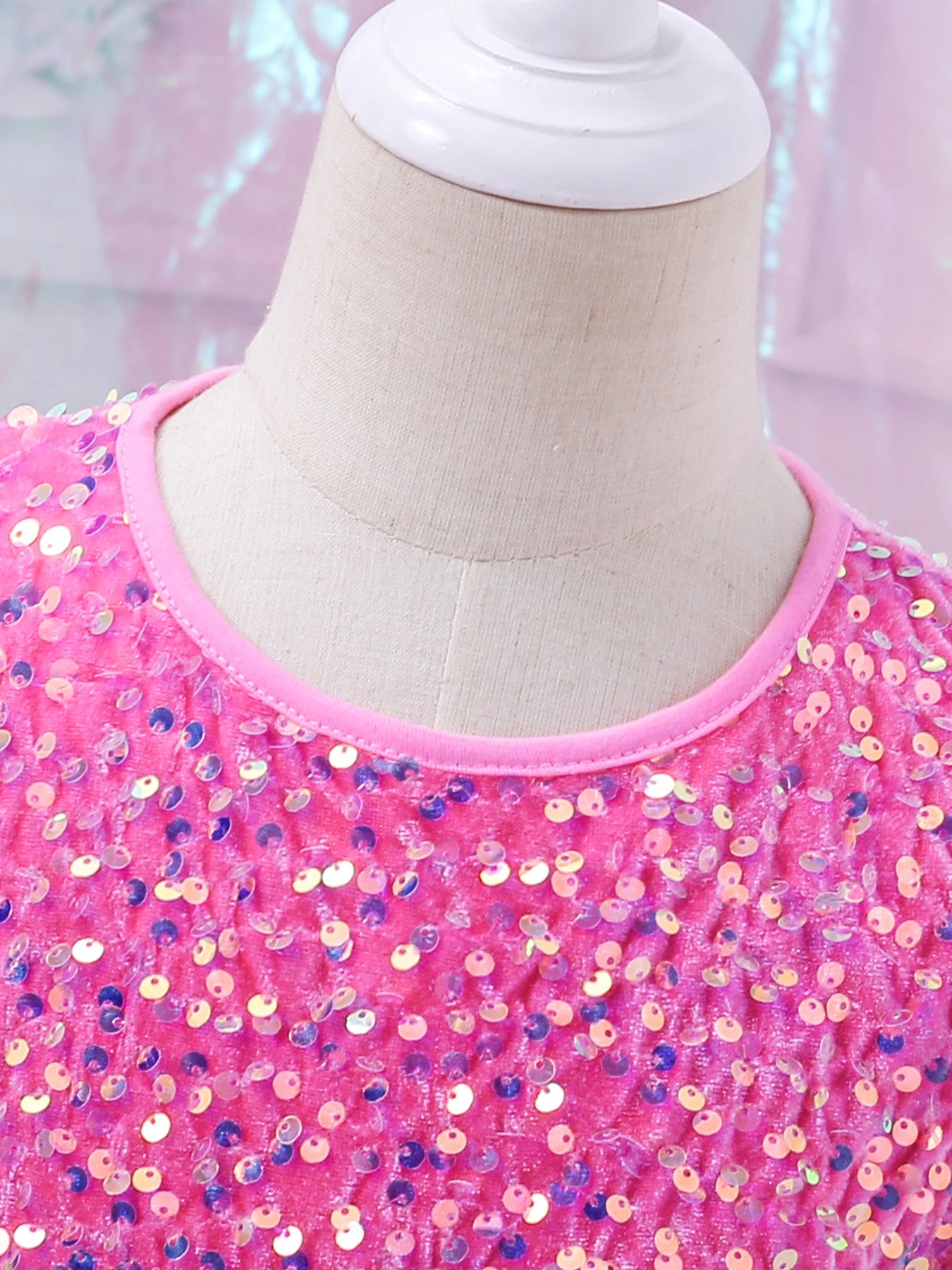 Cute Stylish Girls Pink Sequined Round-Neck Ceremonial Dress Spring Autumn Fashionable Kids' Special Occasion Outfit