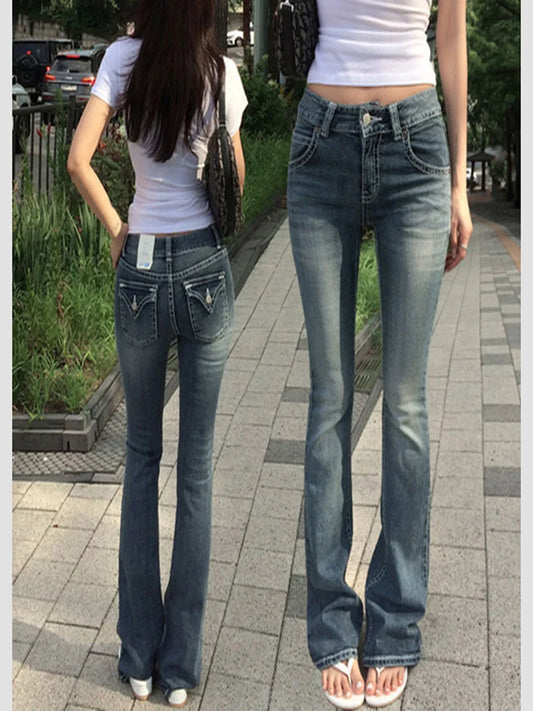 Gothic Buddha Head Womens Jeans Y2K Clothes Hip Hop Pocket Embroidery Vintage Blue Baggy Jeans Low Waist Wide Leg Trousers