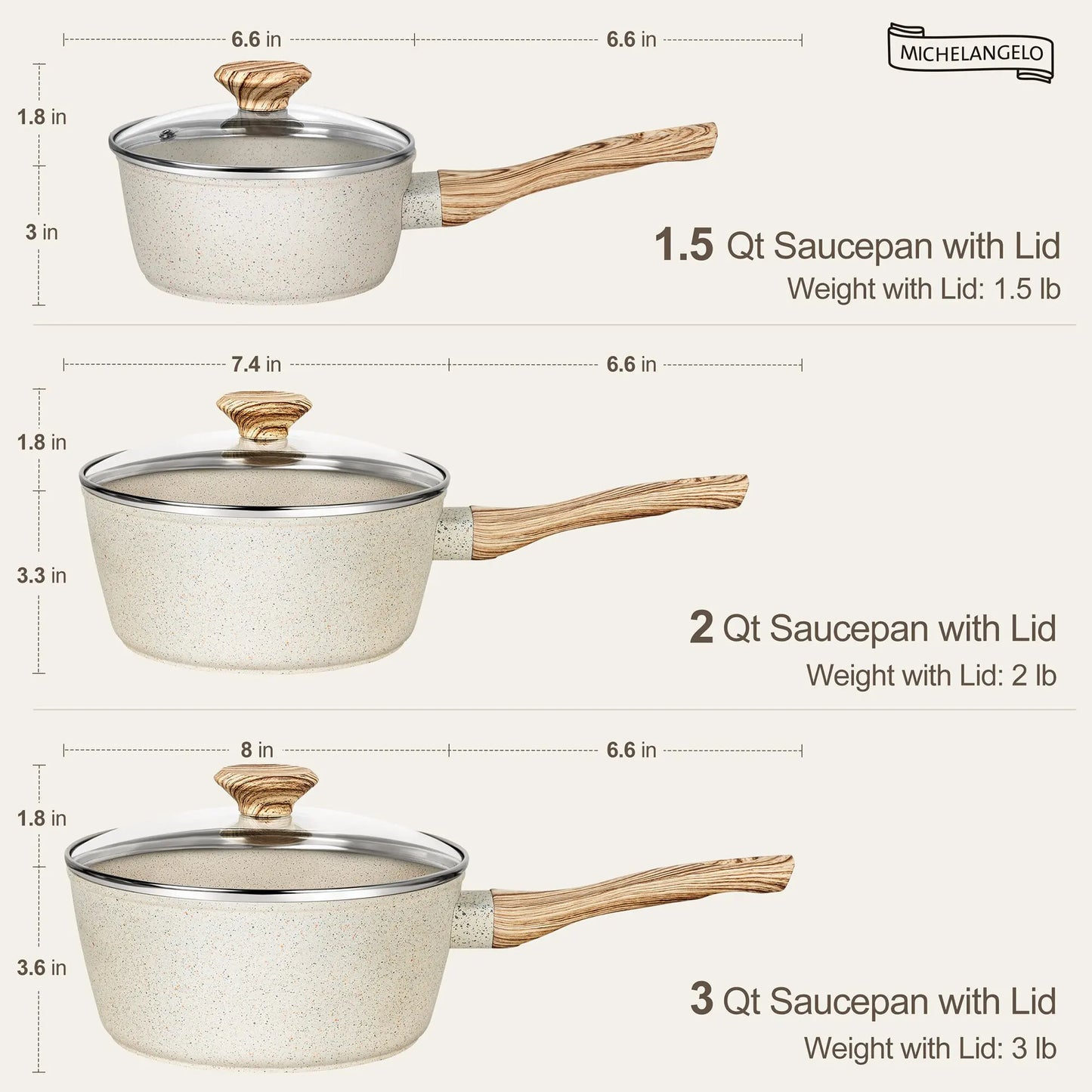 MICHELANGELO 3Pcs/set StickPot Home Non Stick Granite Coated Pan with Anti-Scald Handle Induction Cooker Soup Pot Kitchenware