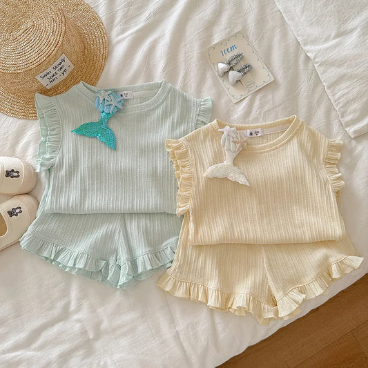 Girls 2-Piece Set Sleeveless T-shirt + Shorts 6 Colors Summer Pajamas Korean Style New Breathable Pure Cotton Home Wear 18M-8Y