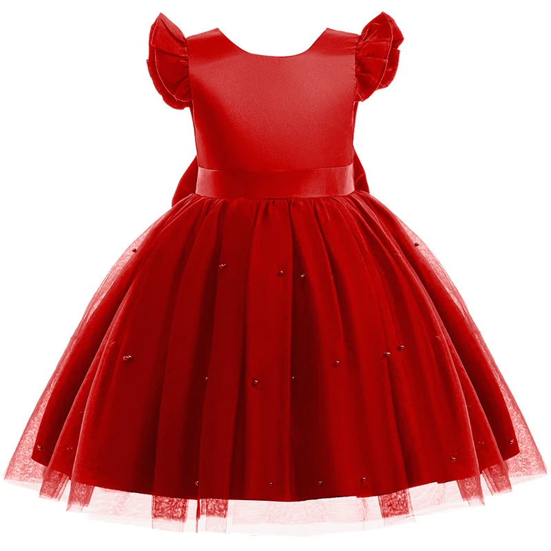 New Year Gift Kids Bowknot Flower Elegant Baptism Princess Dress Pageant Birthday Party Wedding Gown Baby Girl Christmas Dress