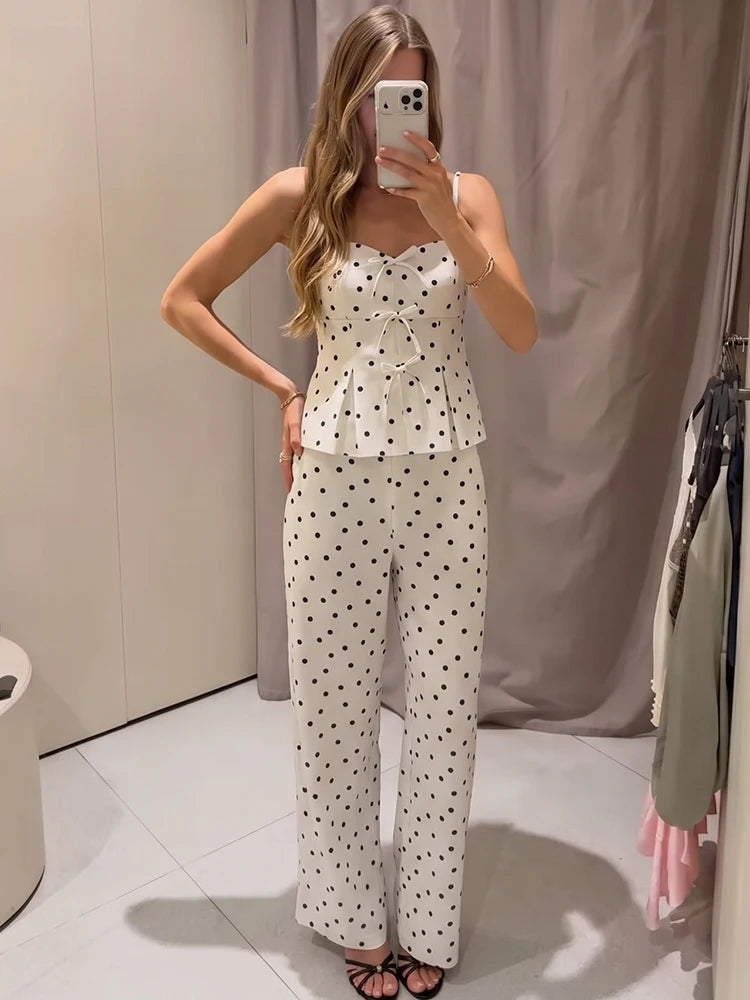 HH Elegant Women's Summer Polka Dot Cami Pant Set 2026 Sweet Skirt Style Hem Bow-Front Top+Bucket Trousers Female Casual Suit