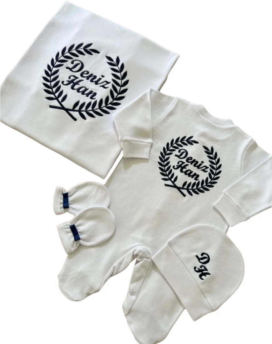 Dollbling Hospital Exit 5pcs Embroidery Name Newborn Angle Wings Romper Blanket  Nursery Bedding Swaddle Handmade Infant Outfit