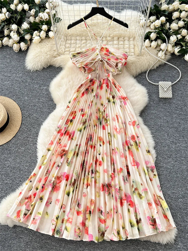 SINGREINY Floral Print Pleated Long Dress Strapless Halter Backless Hollow Out Women Gentle Vacation Beach Party A Line Sundress