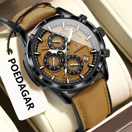 POEDAGAR Luxury Top Men Wristwatch Quartz Original Leather Men's Watches Date Chronograph Waterproof Luminous Man Watch Male+Box