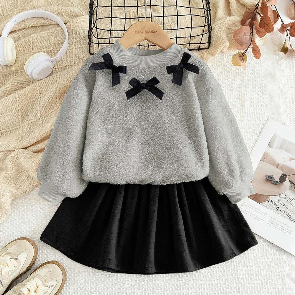 Bear Leader Autumn Winter Korean Version Beige Girls' Set Casual Kids Clothes Bow Fleece Long Sleeved Top + Black Short Skirt