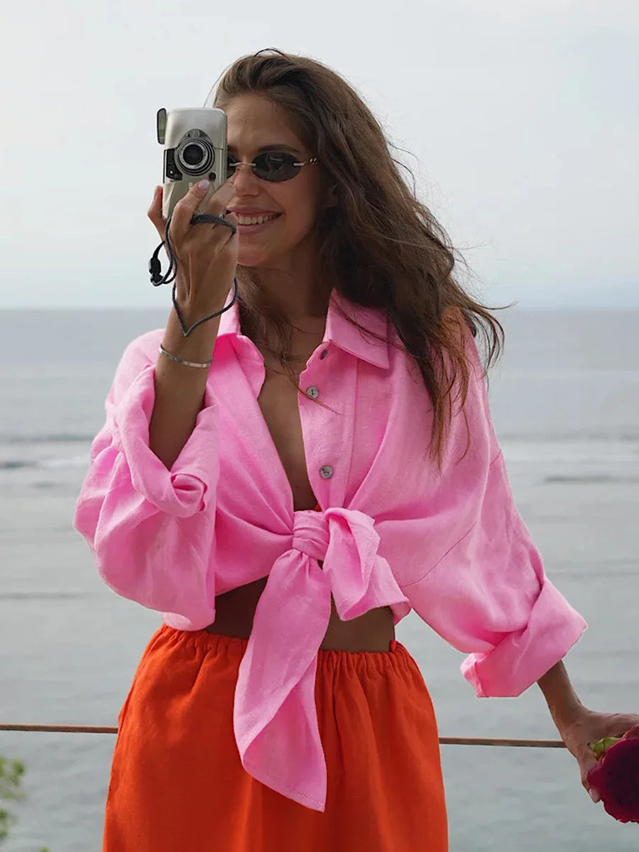 Cotton Spring Summer Versatile Lazy Casual Shirt Women's Fashionable Solid Color Loose Shirt Cardigan Shirt