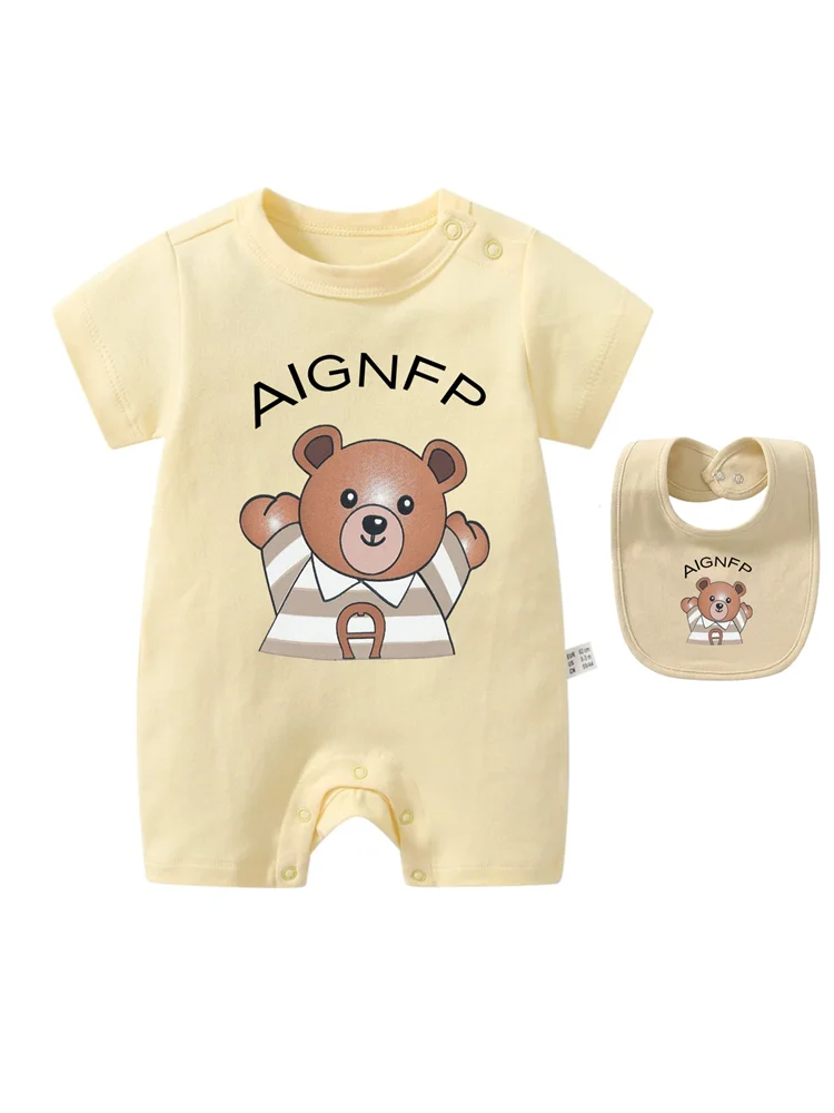 Cute Bear Romper Newborns Clothes 2025 Summer Hot Sale New Toddler Boys Jumpsuit %100 Cotton Soft Bib scarf 2Pcs Set Baby Romper