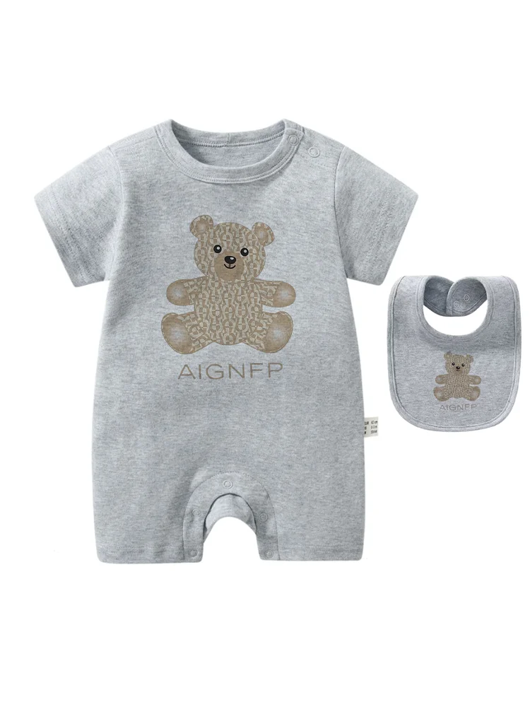Cute Bear Romper Newborns Clothes 2025 Summer Hot Sale New Toddler Boys Jumpsuit %100 Cotton Soft Bib scarf 2Pcs Set Baby Romper