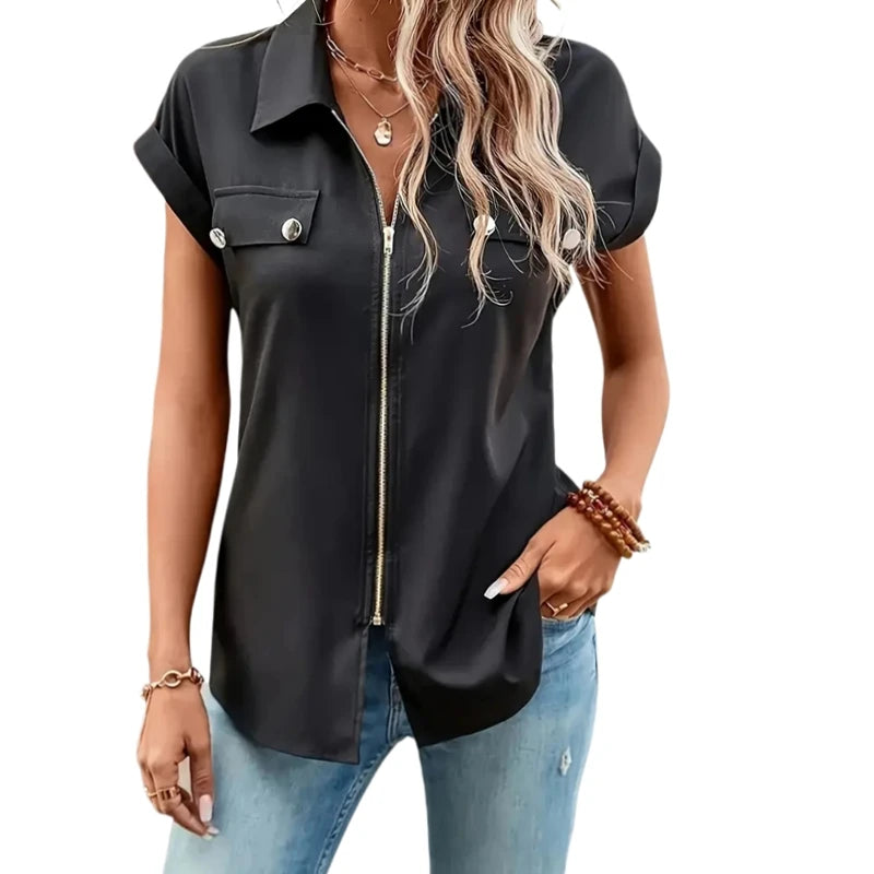 Plus Size 1XL-5XL Women's Black Zip-Up Blouse Button Lapel  Blouse Shirt Ladies Casual Short Sleeve Elegant Solid Color Shirt