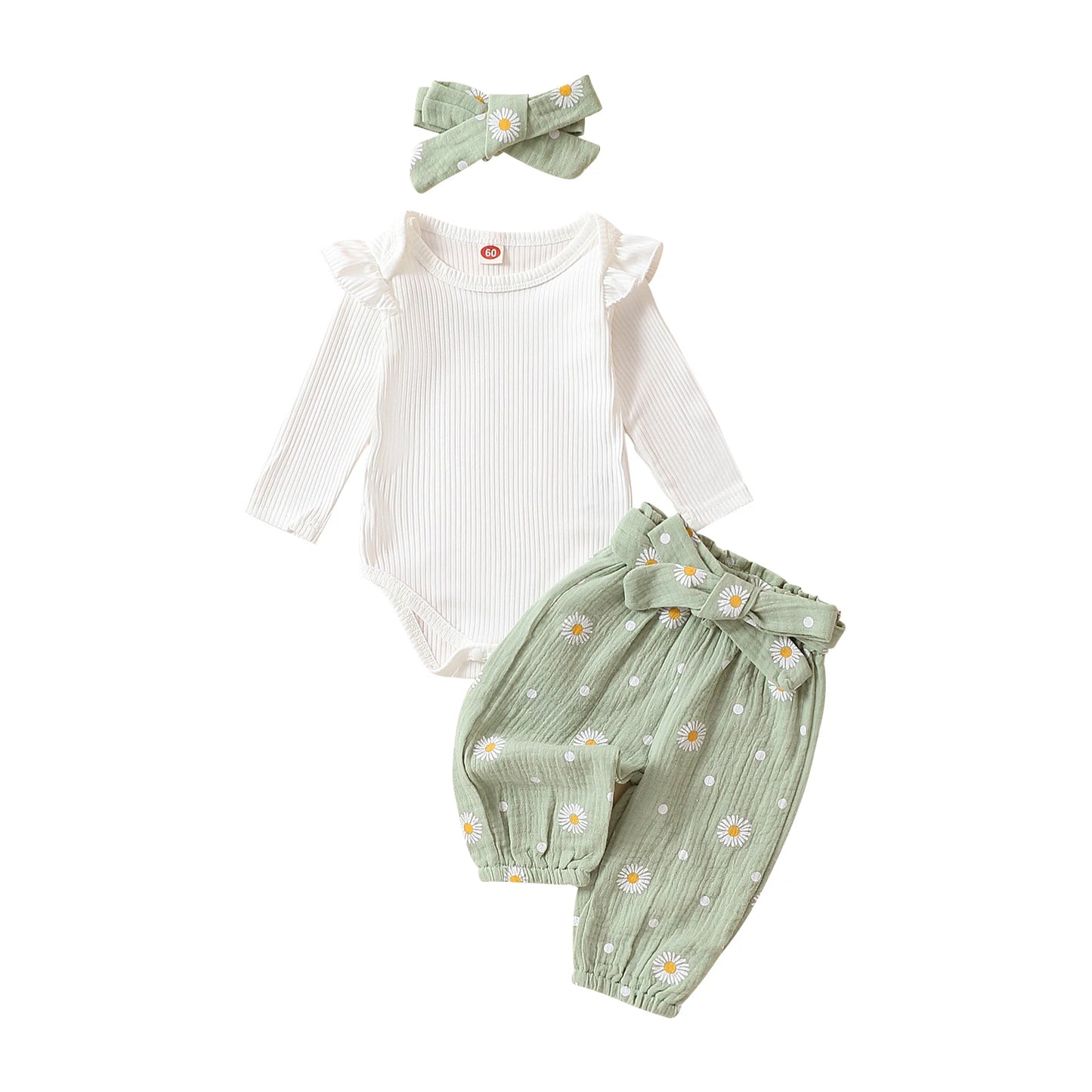 Citgeett Spring Infant Baby Girls Pants Sets White Long Sleeve Ruffle Romper Daisy Print Belted Pants Headband Autumn Sets