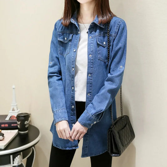 2024 Spring Autumn Denim Shirt Women Fashion Jeans Shirt Cotton Long Sleeve  Slim Blouses Jeans Ladies Lapel Collar