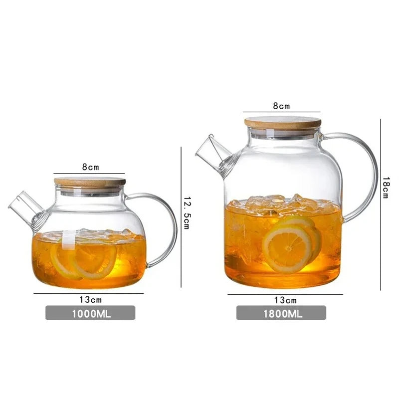 Glass Teapot with Bamboo Lid Transparent Heat-Resistant Thicken Glass Pitcher Cold Water Jug Household Puer Kettle Tea Pot