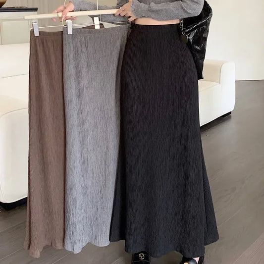 High Waist A- Line Pleated Skirt Women's Casual Lazy Style Spring Summer New Slimming Midi Dress Polyester Fiber Plain Color
