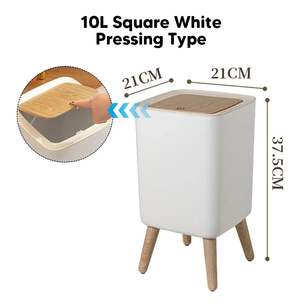 Wooden High Foot Trash Can For Bathroom Creative Kitchen wastebin with Press Cover Living Room Toilet Garbage container