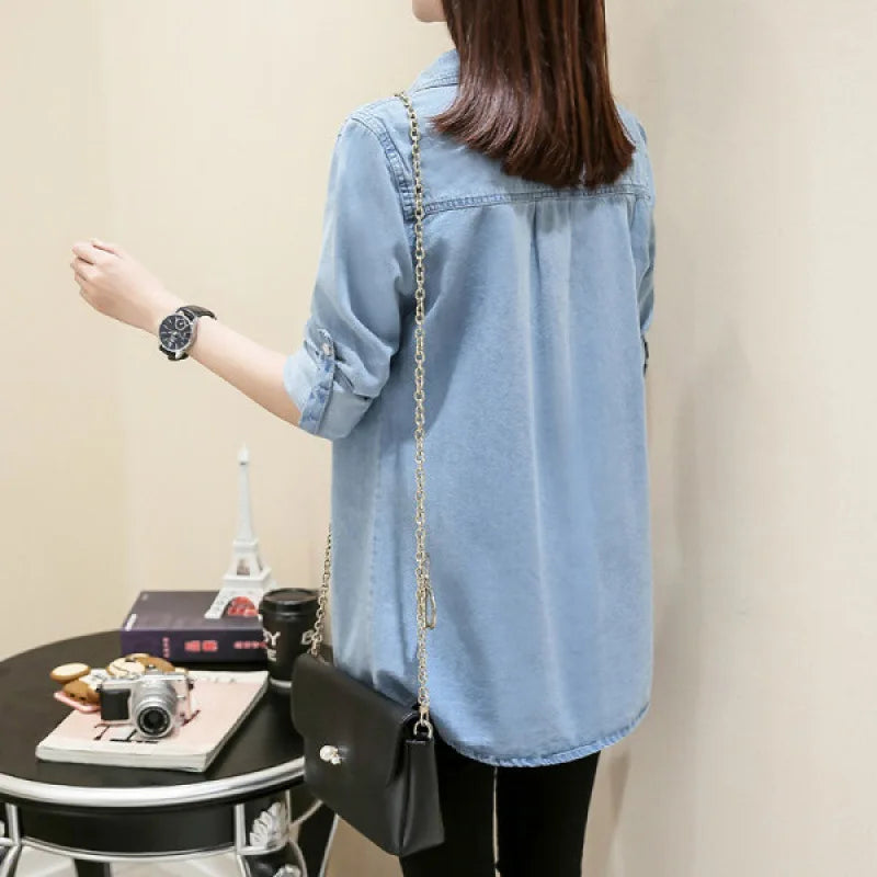 2024 Spring Autumn Denim Shirt Women Fashion Jeans Shirt Cotton Long Sleeve  Slim Blouses Jeans Ladies Lapel Collar