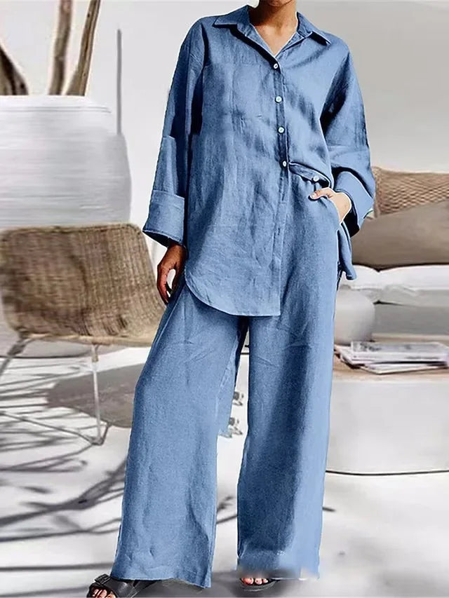 2024 Autumn New Women's Cotton and Hemp Set Solid Color Collar Shirt High Waist Wide Leg Pants Elegant Two Piece Set
