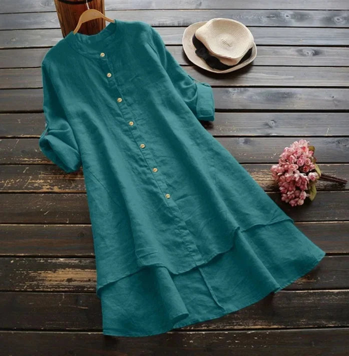 Fast Selling Spring SummerNew Women's Solid Color Button Cotton Linen Long Sleeve Long Length Shirt