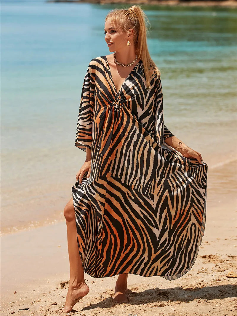Plus Size Womens Animal Print Kaftan Dresses Caftans Swimwear Coverups Summer Bathing Suit Long Beach Dress
