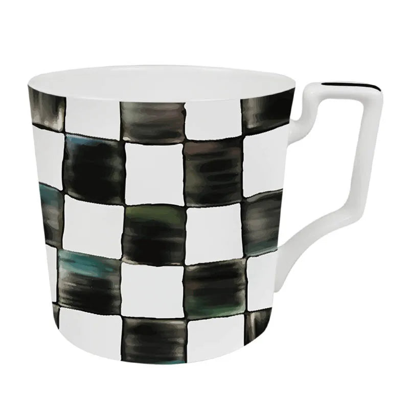 Black White Checkerboard Ceramic Dinner Plate Bone China Coffee Cup and Saucer Western Food Dishes Home Elegant Tableware Mug