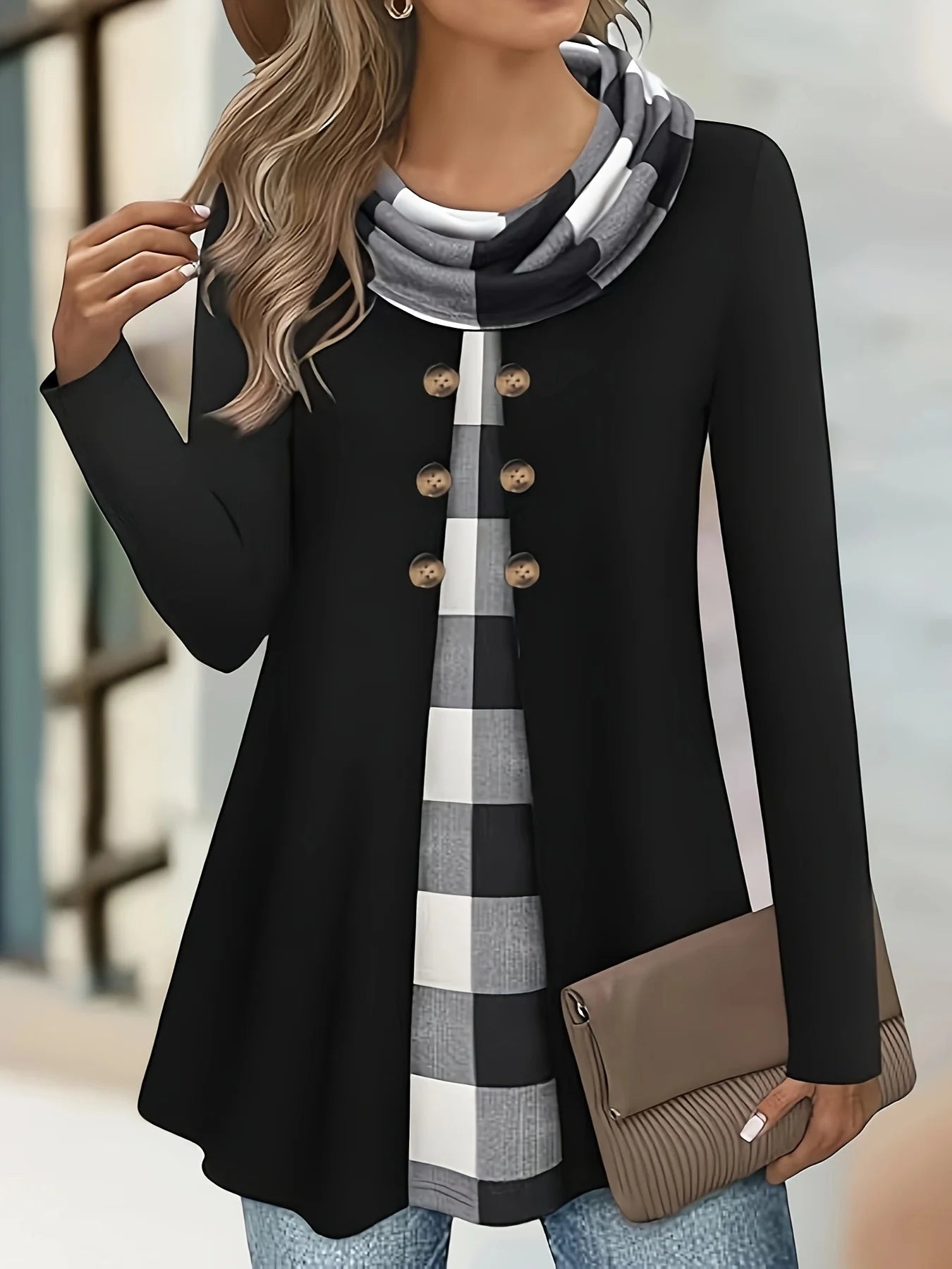 European and American fashion plaid print fake two-piece pleated scarf wild button plus size women's thin long-sleeved T-shirt