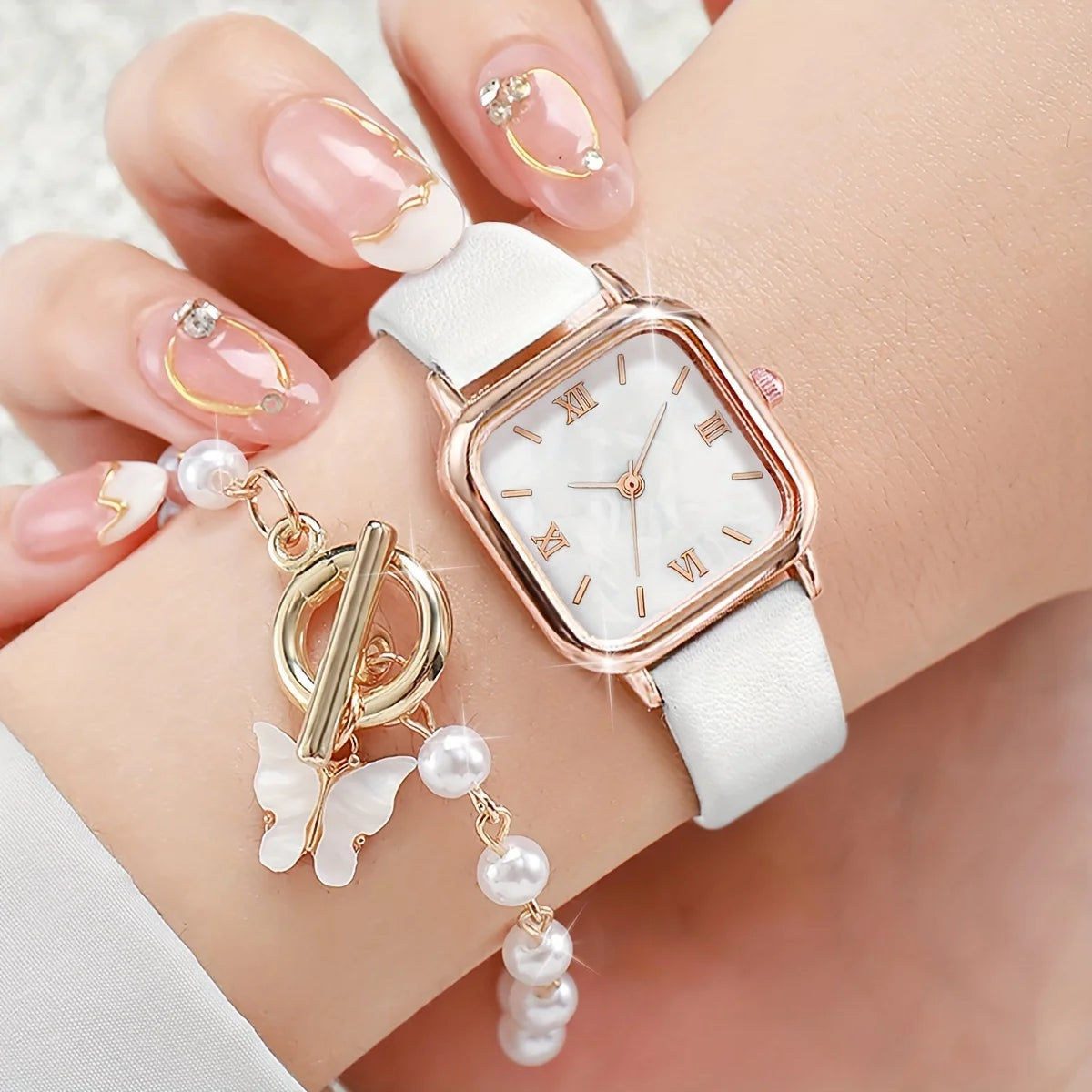 2pcs/set Fashion Women PU Band Square Dial Watch With Bracelet (Box Not Included)