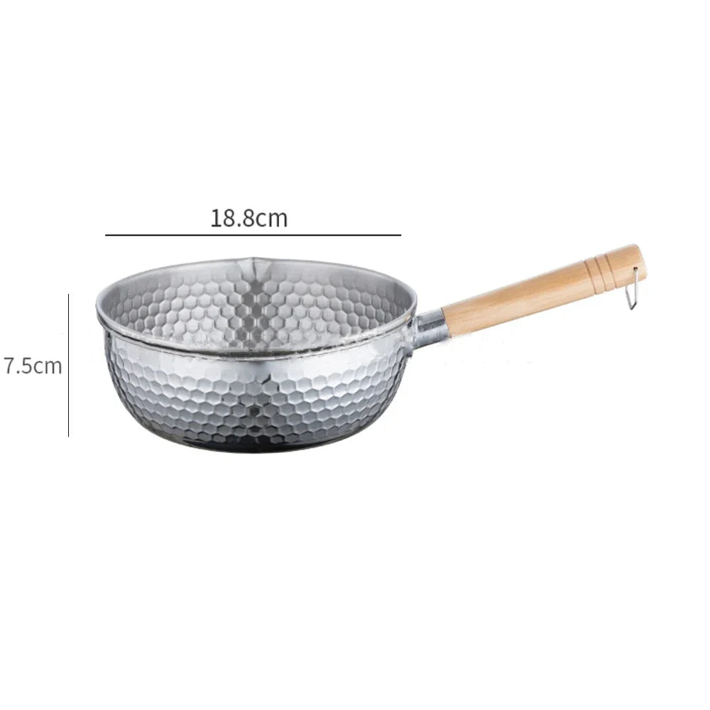 430 Stainless Steel Soup Pot Japanese-style Snow Pot Flat Bottom Non-stick Wok Wooden Handle Stew Pot Milk Pot Kitchen Cookware