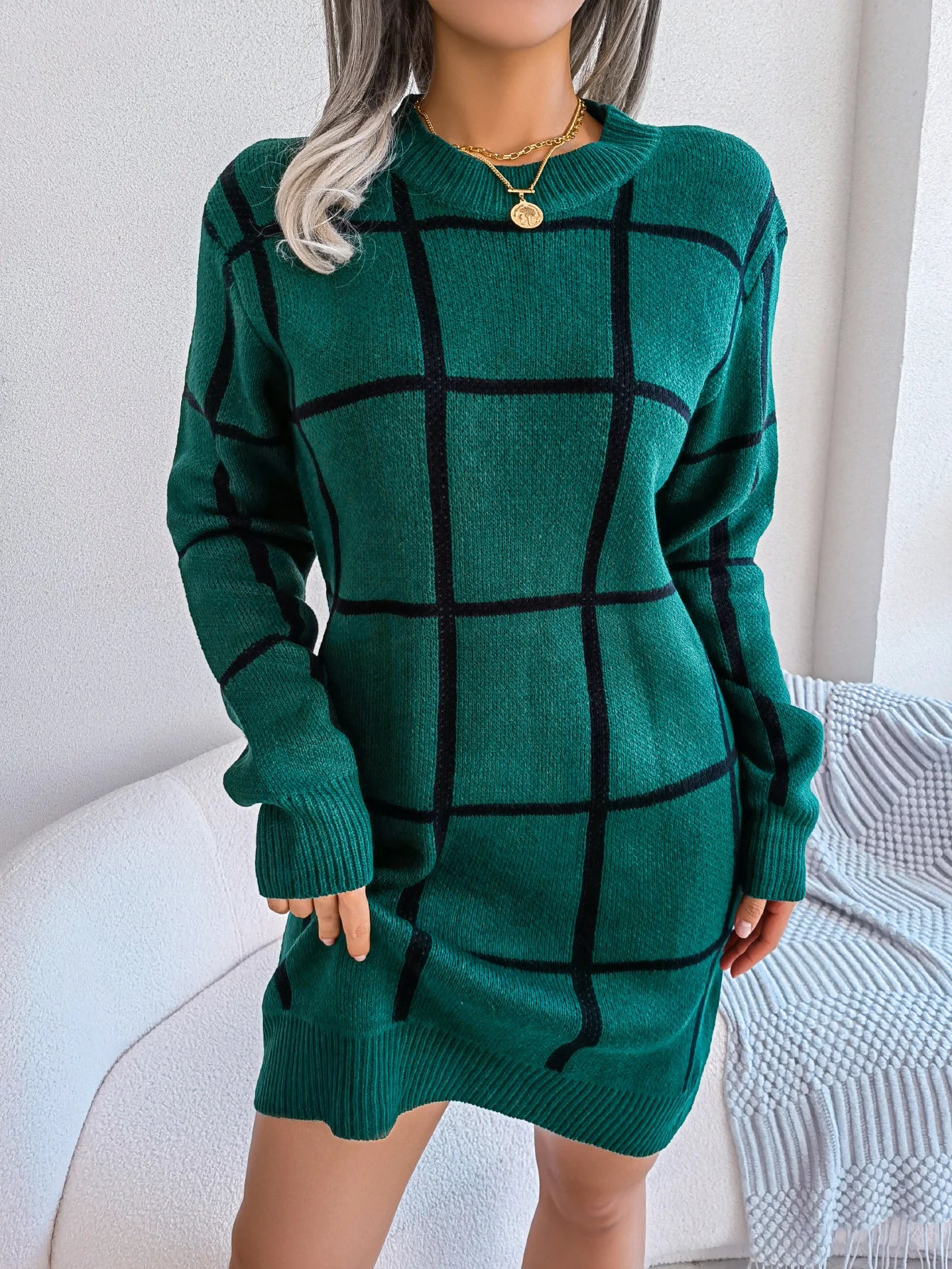 Women Casual Plaid Long Sleeve Knitted Sweater Dress 2026 Autumn Winter Clothes Without The Belt