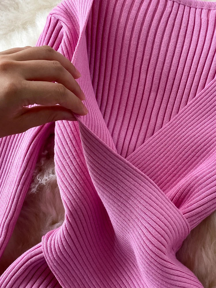 YuooMuoo Autumn Winter 2025 Women Dress Elegant Cross V-neck Slim Waist Knitted Bodycon Dress Korean Office Lady Vestidos