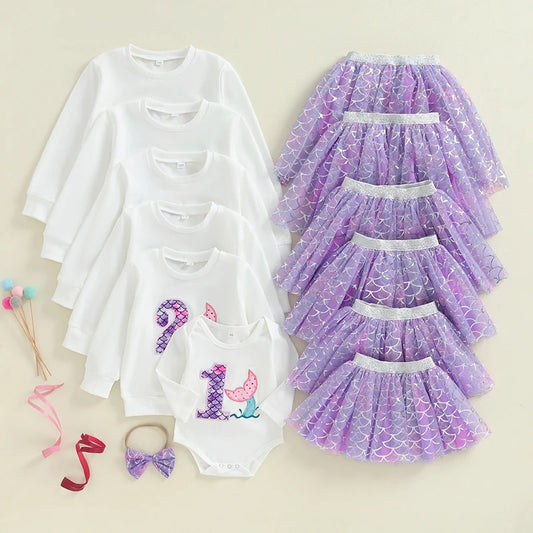 0-7Y Kids Girls Autumn Outfits Long Sleeve Number Embroidered Sweatshirt with Mermaid Tulle Skirts Sets Birthday Clothes