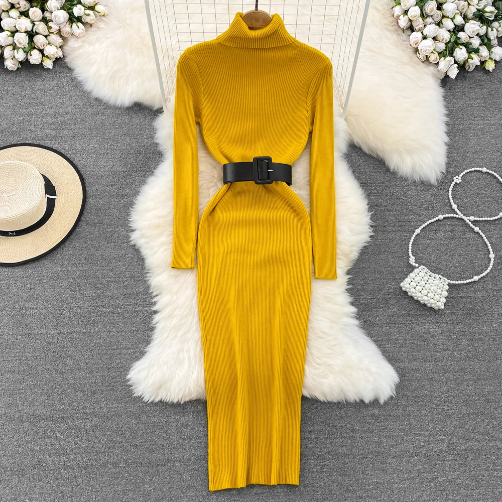 REALEFT Autumn Winter 2025 New Turtleneck Women's Knitted Dresses with Belted Long Sleeve Elegant Bodycon Wrap Dress Female