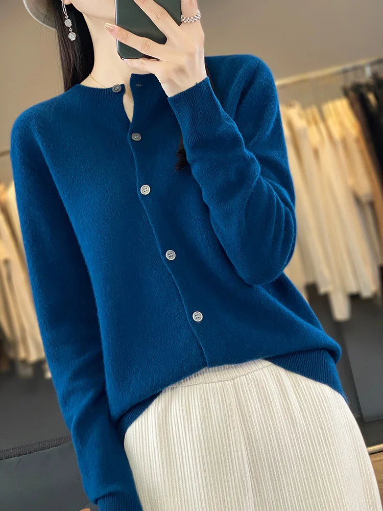 100% Merino Wool Sweater Women O-Neck Cardigan Basic Style  Buttoned Knitwear Female Casual Autumn Winter Soft Tops