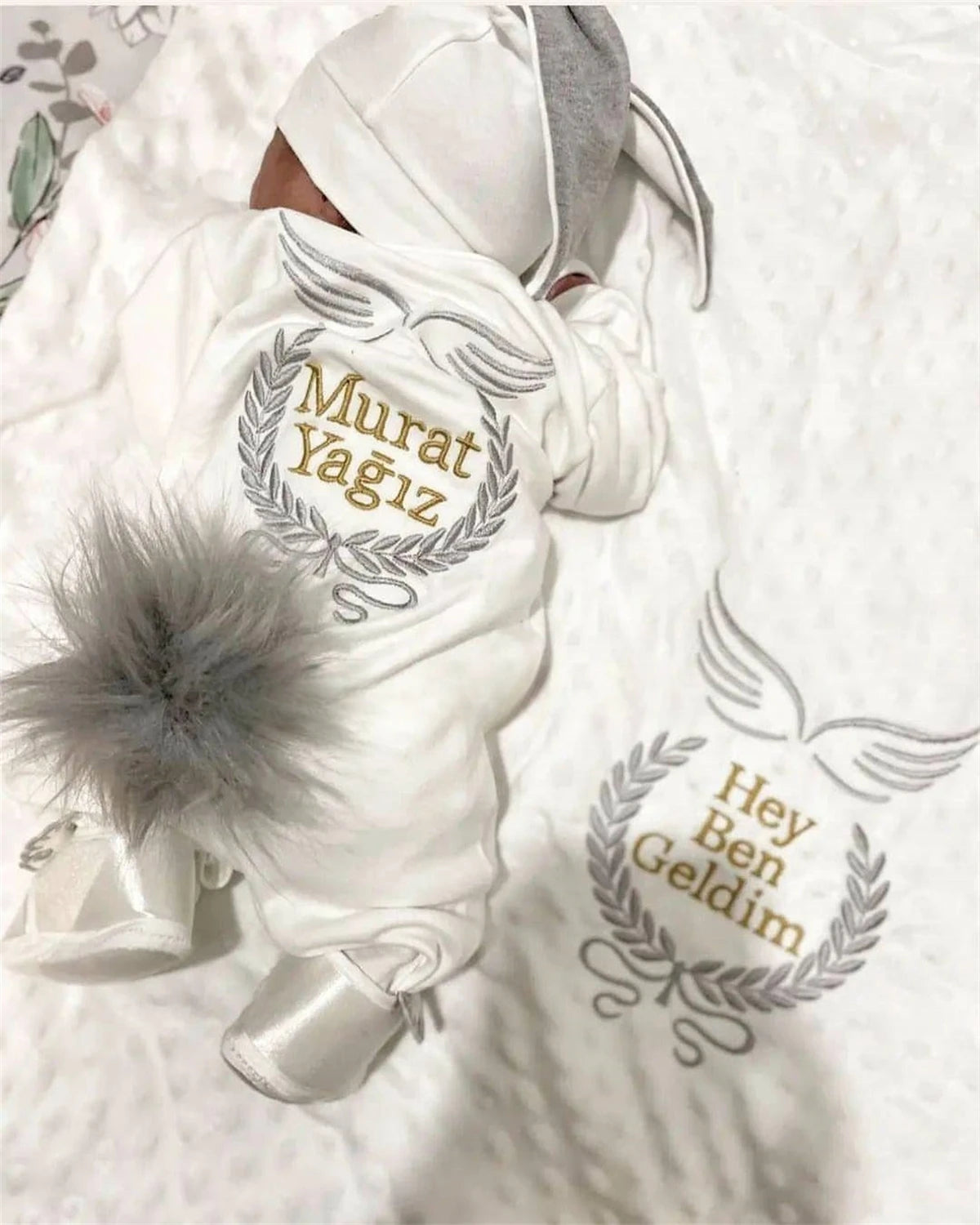 Dollbling Hospital Exit 5pcs Embroidery Name Newborn Angle Wings Romper Blanket  Nursery Bedding Swaddle Handmade Infant Outfit