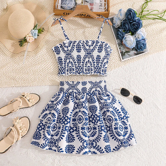 Girls 8-12 Blue White Floral 2-Piece Set, Front Spaghetti Straps Top & Tiered Skirt/Back Smocked, Casual Daily Outfit