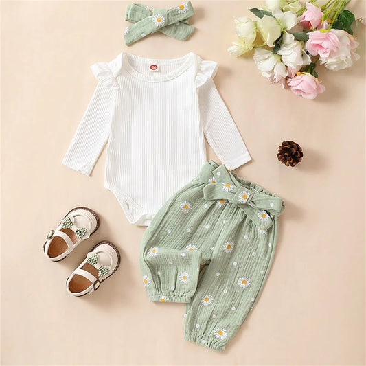 Citgeett Spring Infant Baby Girls Pants Sets White Long Sleeve Ruffle Romper Daisy Print Belted Pants Headband Autumn Sets