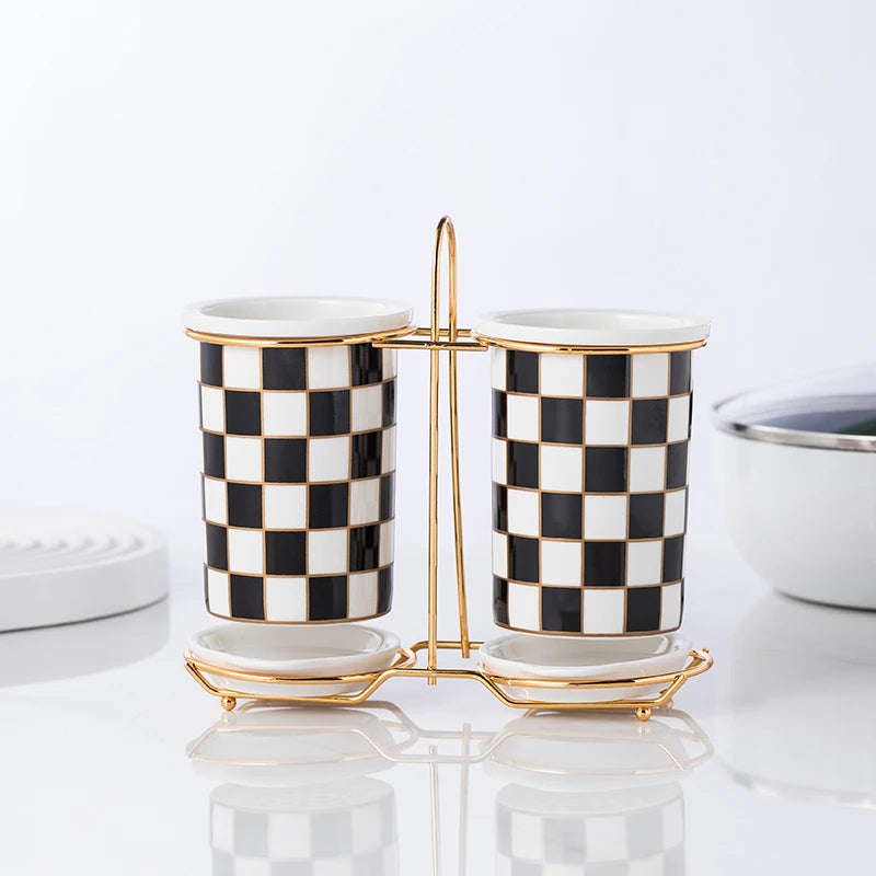 Checkerboard Ceramic Chopsticks Holder Drain Rack Chopsticks Basket Chopsticks Box Cutlery Box Storage Rack Wall-mounted Shelf