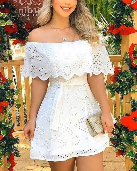 Summer Hollow Out White Dress Women 2025 New Fashion Off Shoulder Lace Up Mini Dress Fashion Lace Splicing Holiday Long Dresses
