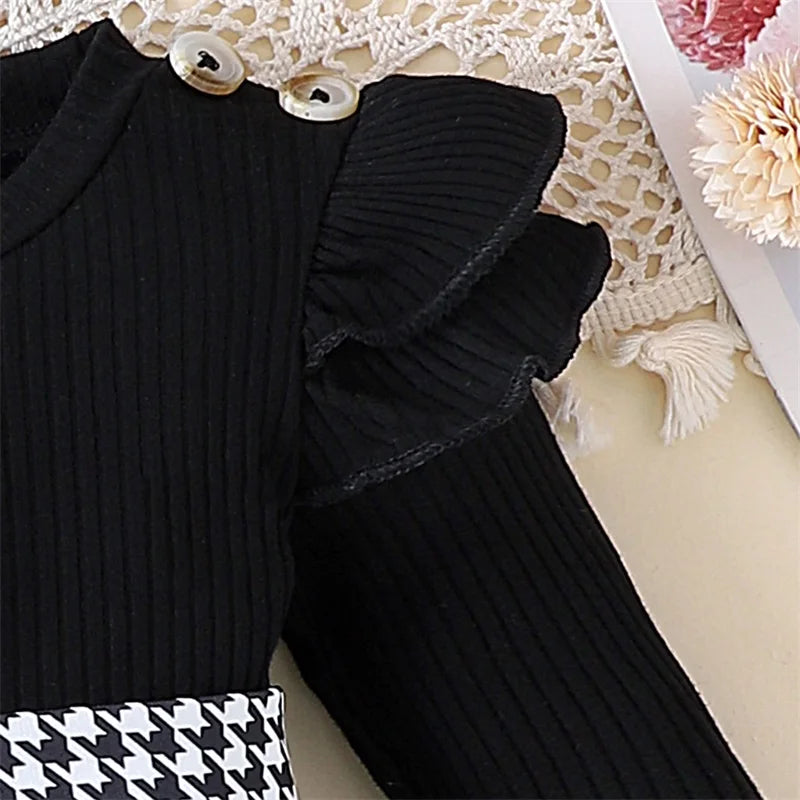 Baby Girl Spring Outfits Long Sleeve Houndstooth Print Romper Dress with Headband and Long Socks