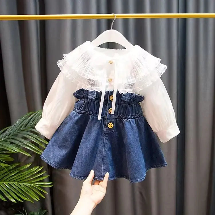2025 Kids Girls Clothes Set Summer Short Sleeve Shirt + Denim short dress Triple Breasted Outfits Baby Clothing 4 5 6 7 8 9 10 1