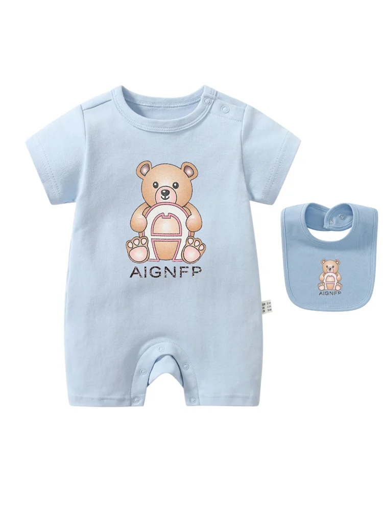 Cute Bear Romper Newborns Clothes 2025 Summer Hot Sale New Toddler Boys Jumpsuit %100 Cotton Soft Bib scarf 2Pcs Set Baby Romper