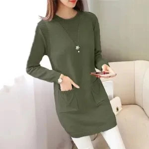 Solid Long Sweater Women Clothing 2025 New Korean Pocket Knit Sweater Dress Casual Warm Loose O neck Long sleeve Ladies Pullover