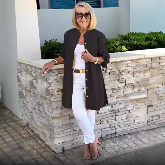 Single-button Turn-collar Elegant Commute Cardigan Shirts Solid Color Long-sleeve Cotton Shirt Slim Fit Blouses