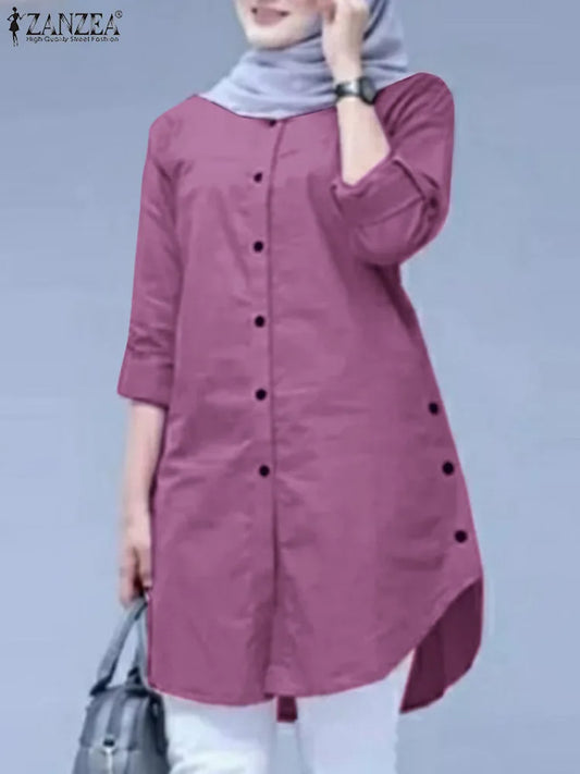 ZANZEA Women Casual Loose Rounded Hem Shirts Long Sleeve Long