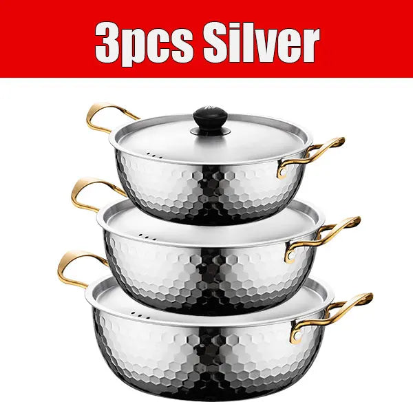 3 Pcs Stainless Steel Cooking Pot Set Korea Ramen Pot Saucepan with Lid Dishwasher Safe hammer printing pot for Soup Hotpot
