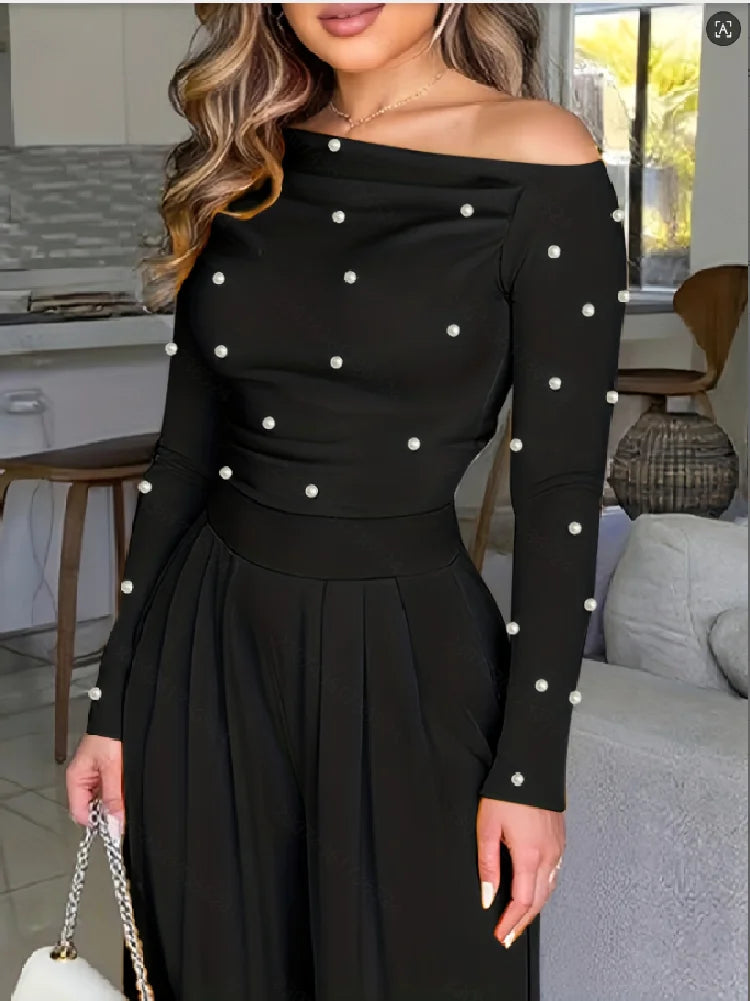 Fashionable Pure Color Off-Shoulder Pearl Long Sleeve Dress New Arrival Elegant One-Piece Suit for Women