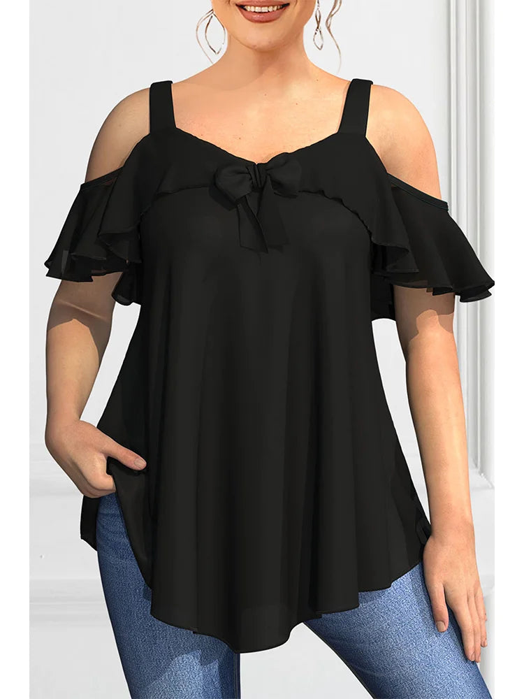 Plus Size Blouse for Women Elegant Cold Shoulder Shirt Ruffles Tops Tee Loose Fit Solid Color Top Blusas Para Mujer 0XL-5XL