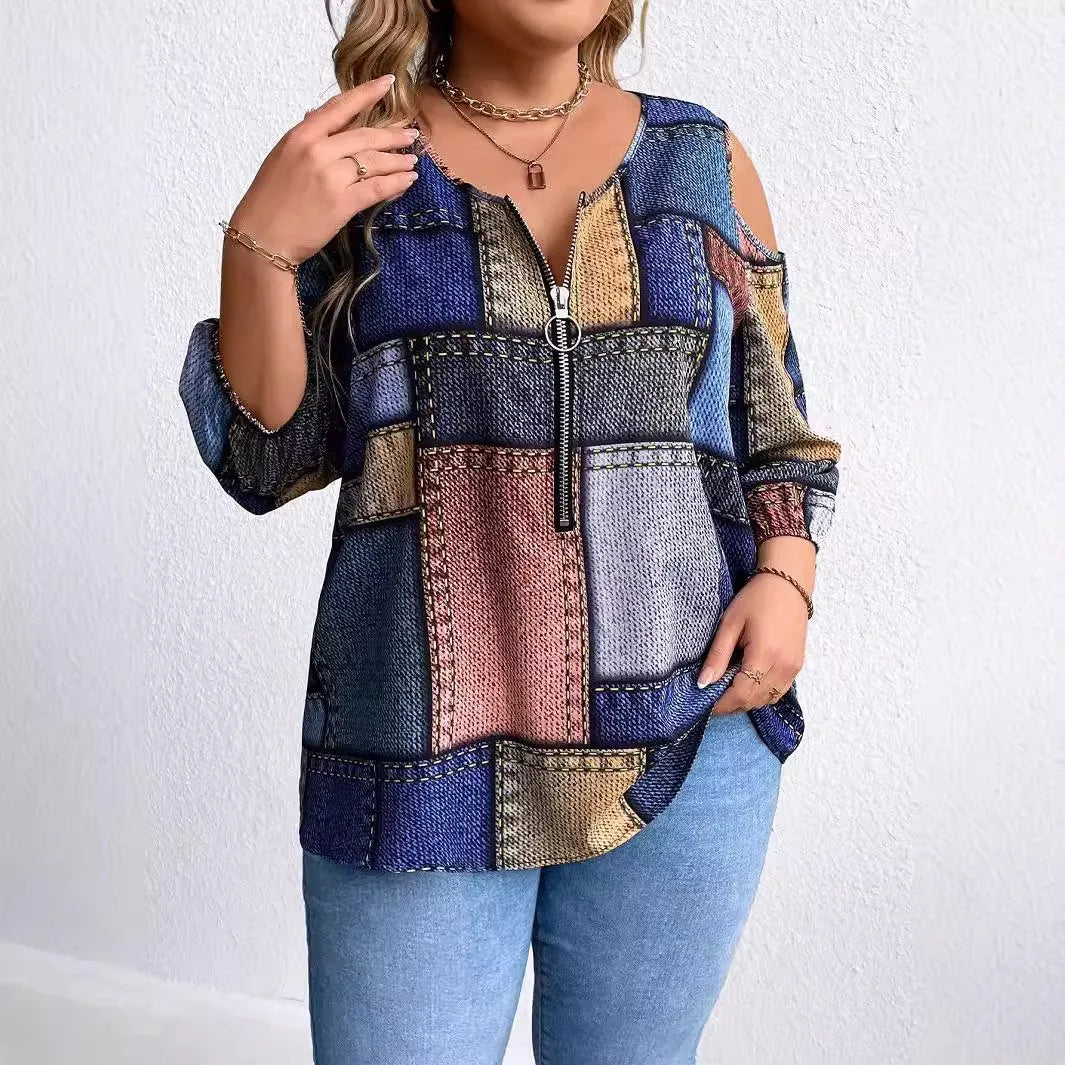 Plus Size Women's Autumn And Winter Fashion New Long Sleeve Zipper Decoration Off-The-Shoulder Printed Plaid Loose